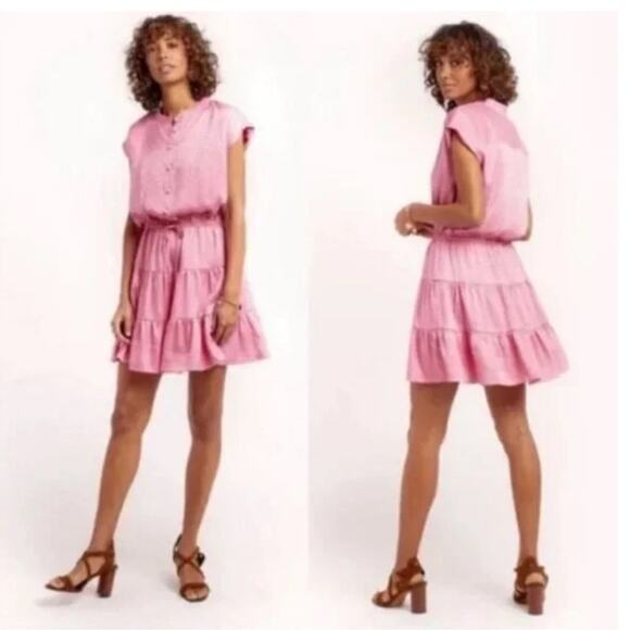 Rebecca Minkoff Ollie flounce dress pink punch animal print pearl button size XL - Picture 7 of 7